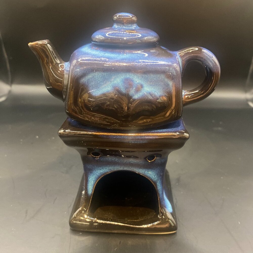 Ceramic Blue Stove And Tea Kettle 6" Tall